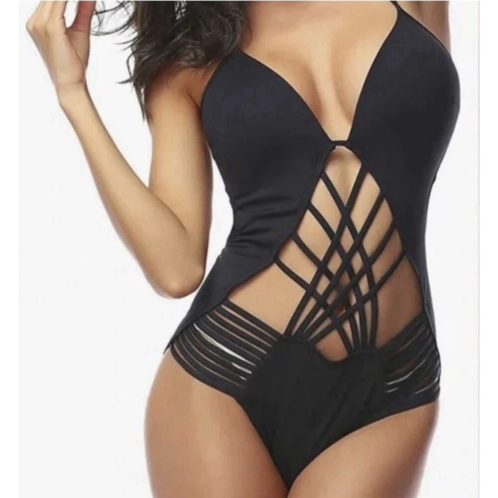 Kenneth Cole Women Black Strappy Cutout Monokini One Piece Swimsuit Small (4-6) - Picture 4 of 16